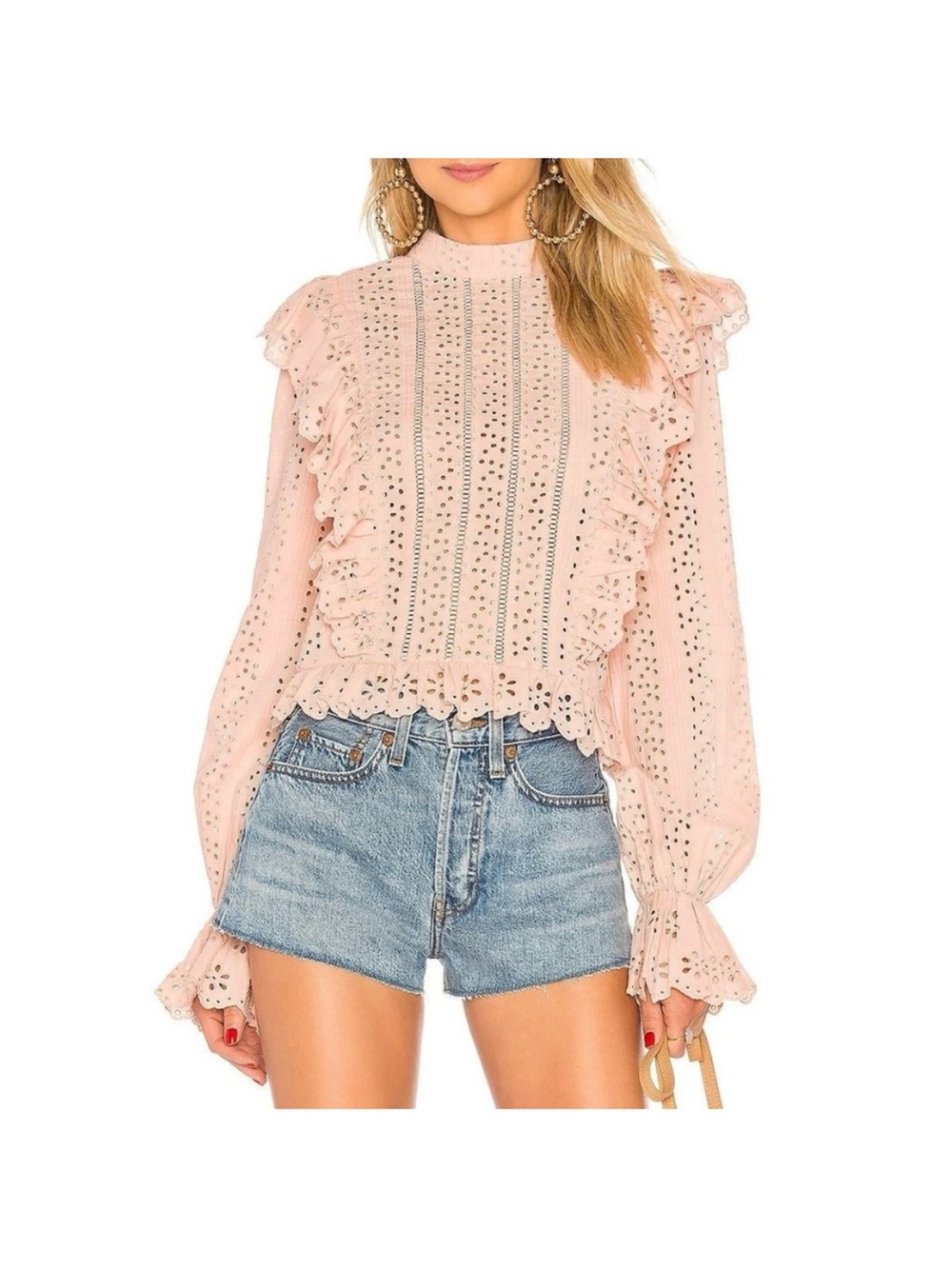 Tularosa Blush Eyelet Ruffle Long-Sleeve Blouse